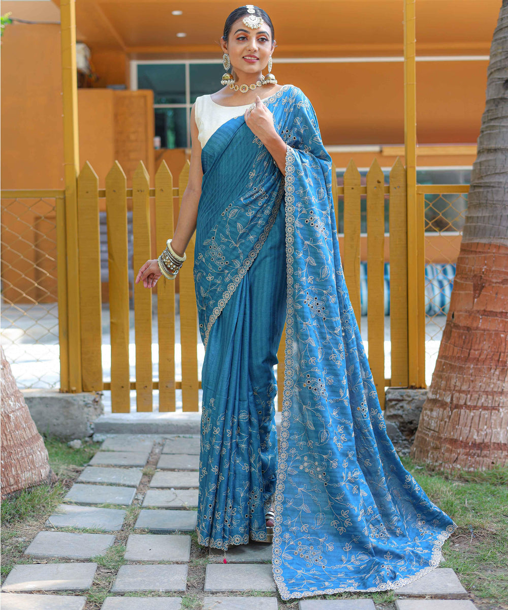 Turquoise Blue soft silk saree - PAHRAVA