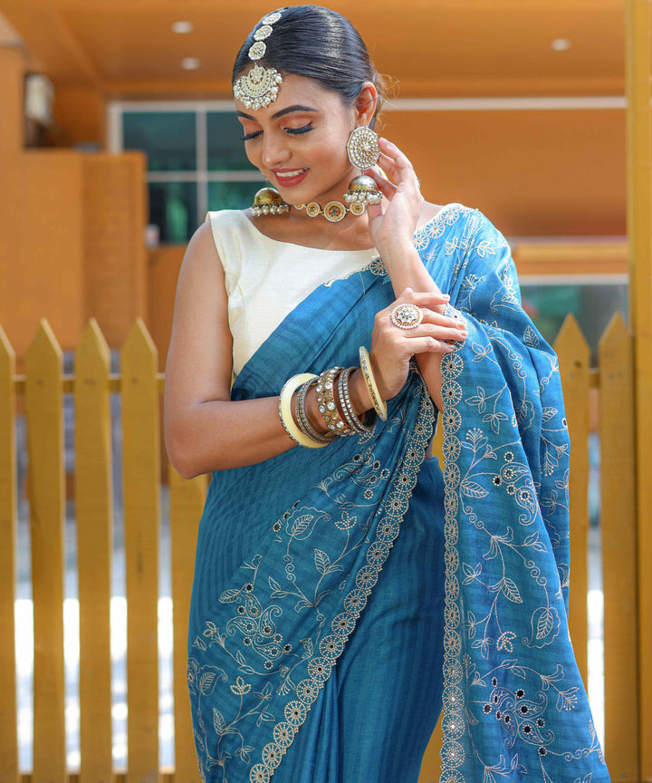 Turquoise Blue soft silk saree - PAHRAVA