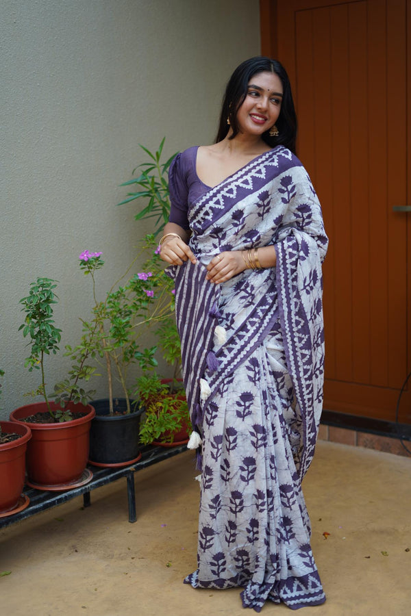 Pure White With Purple Soft Chanderi Cotton Saree.