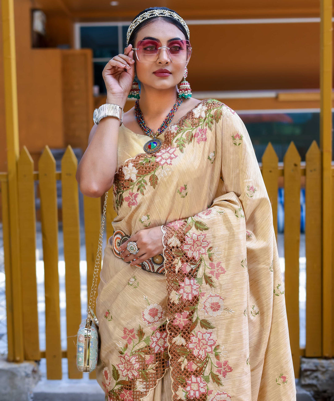 Crimson cream silk saree - PAHRAVA