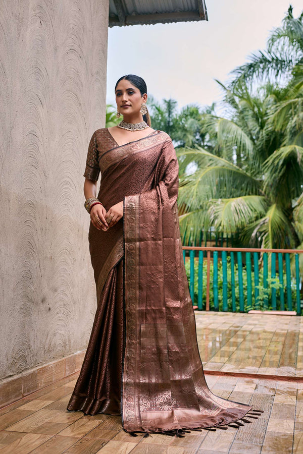 Chocolate Brown Soft Kubera Dharmavaram Pattu Saree - PAHRAVA