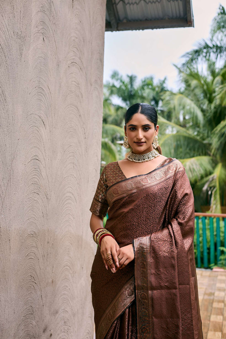 Chocolate Brown Soft Kubera Dharmavaram Pattu Saree - PAHRAVA