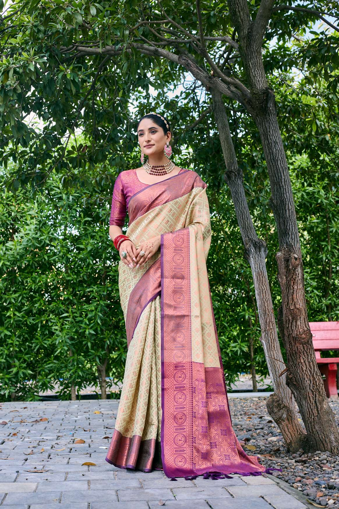 Caramel Cream Kubera Pattu Kanjivaram Silk Saree - PAHRAVA