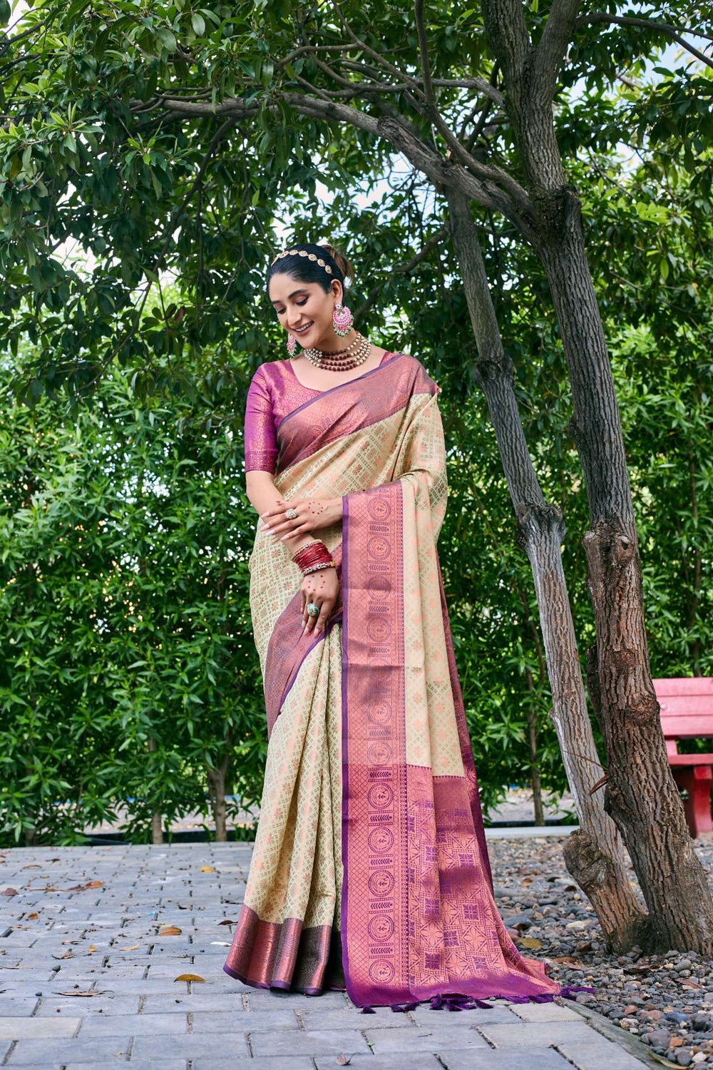 Caramel Cream Kubera Pattu Kanjivaram Silk Saree - PAHRAVA