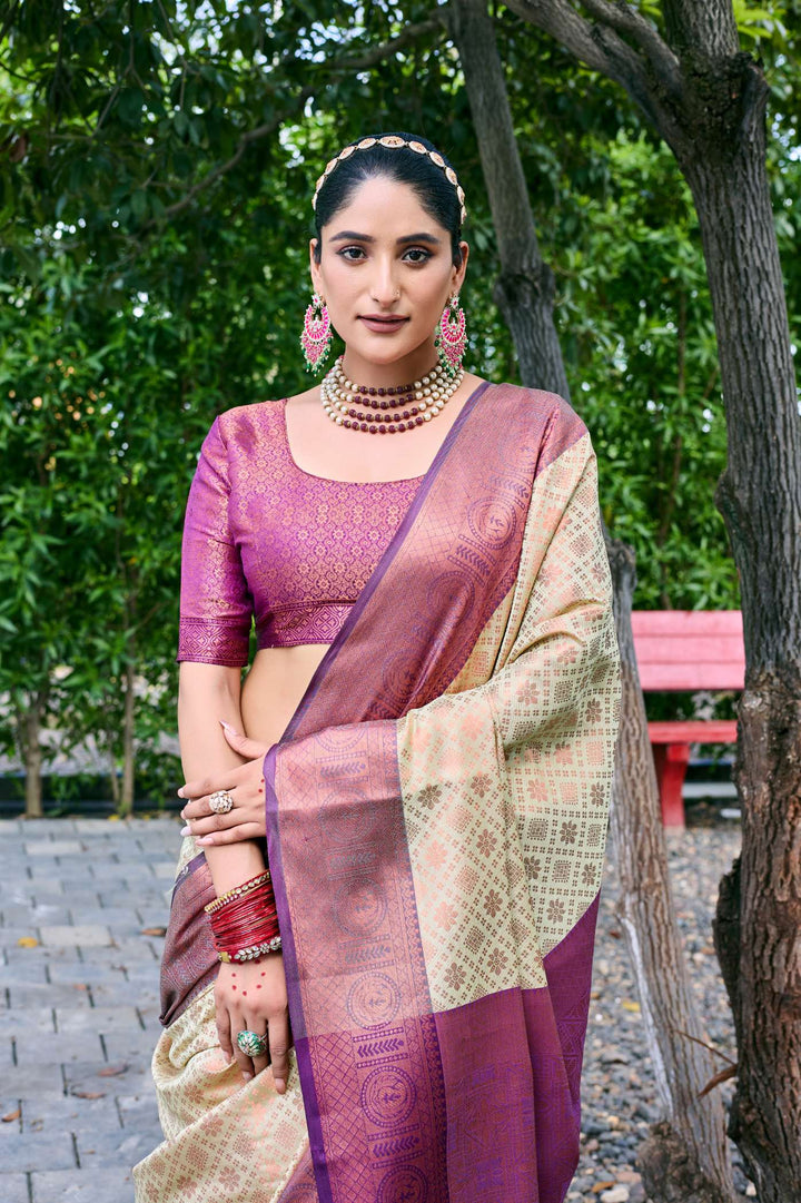 Caramel Cream Kubera Pattu Kanjivaram Silk Saree - PAHRAVA