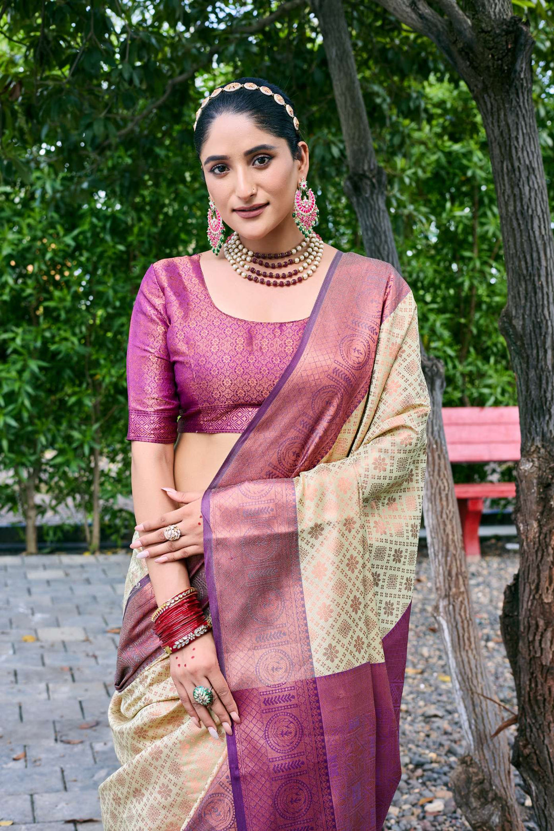 Caramel Cream Kubera Pattu Kanjivaram Silk Saree - PAHRAVA