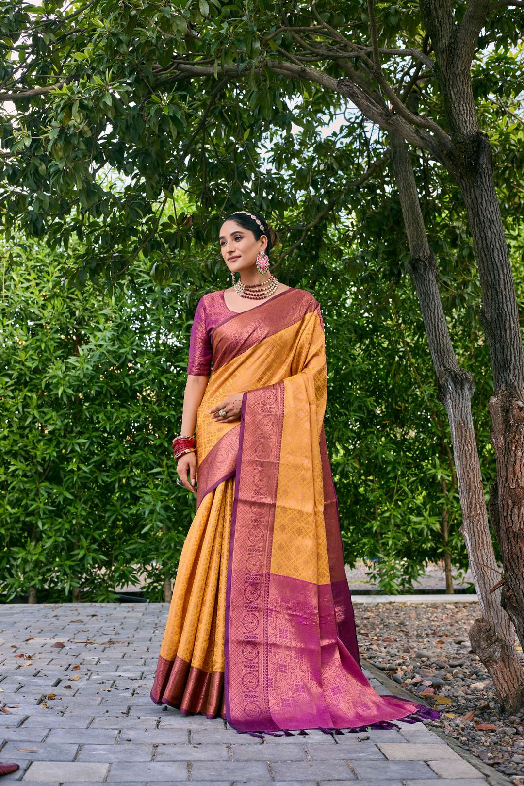 Mustard Yellow Kubera Pattu Kanjivaram Silk Saree - PAHRAVA