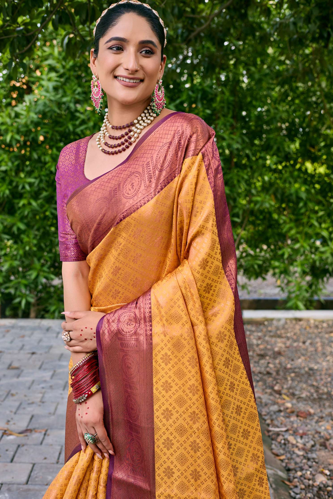 Mustard Yellow Kubera Pattu Kanjivaram Silk Saree - PAHRAVA