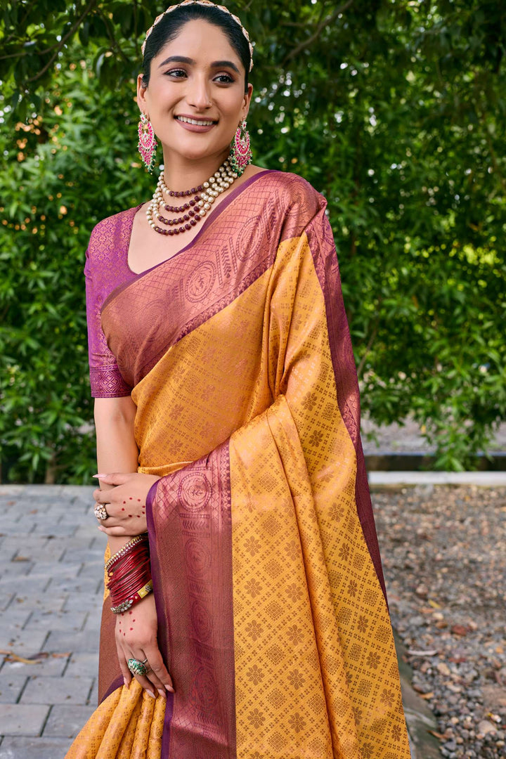 Mustard Yellow Kubera Pattu Kanjivaram Silk Saree - PAHRAVA