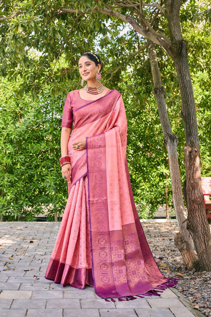 Plum Peach Kubera Pattu Kanjivaram Silk Saree - PAHRAVA