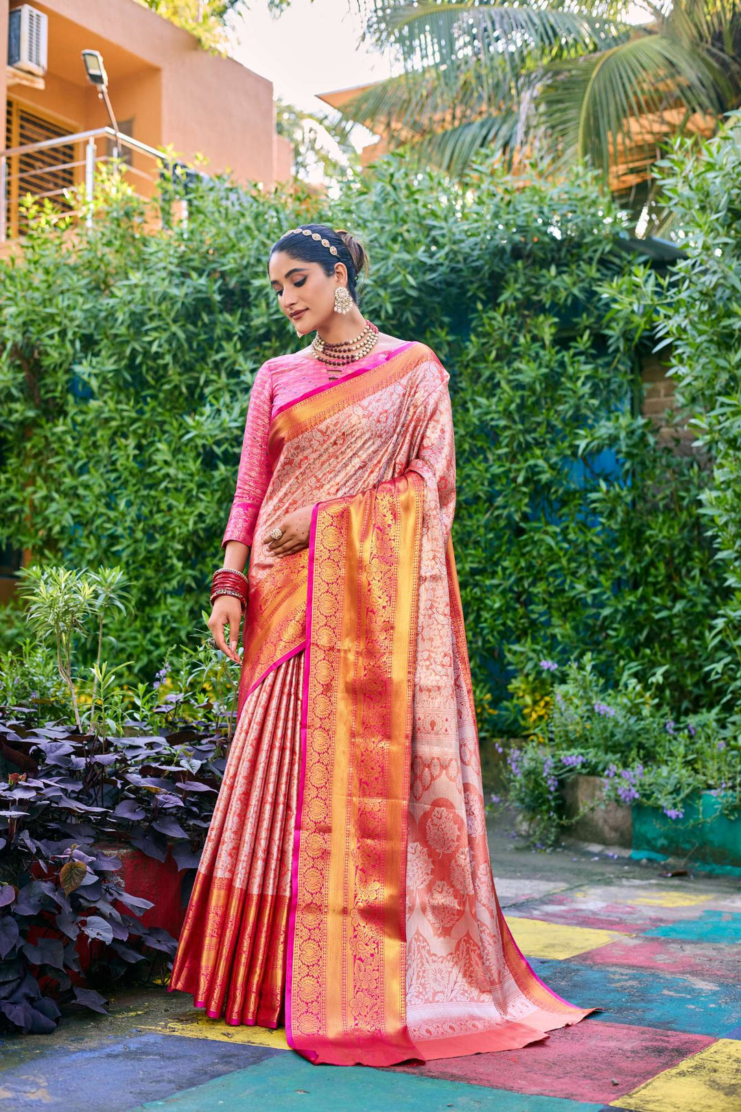 Warm Orange Banarasi Handloom Tissue Silk Saree - PAHRAVA