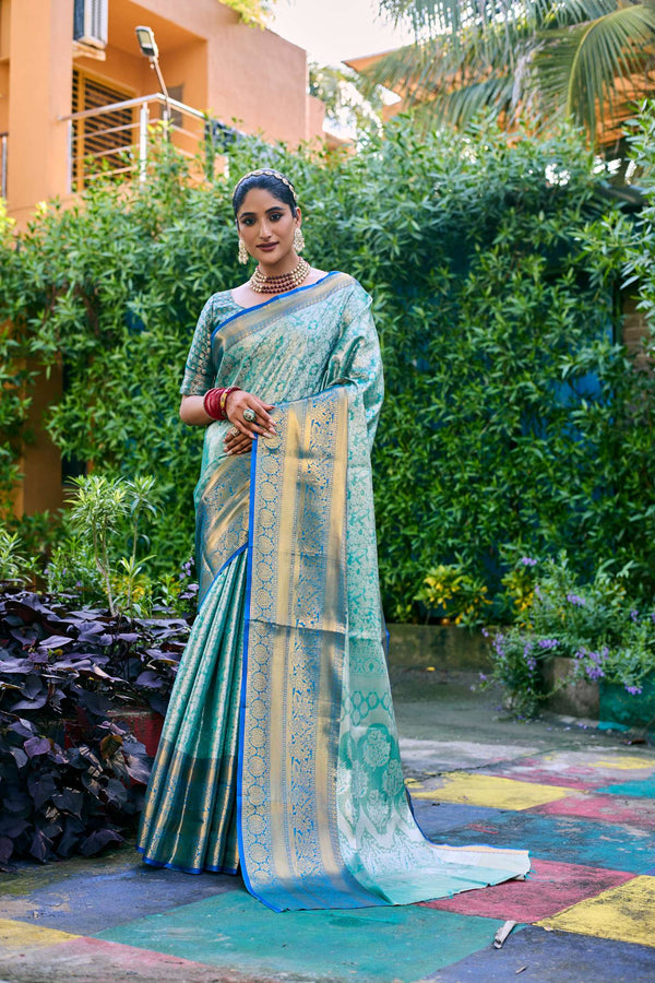 Sea Blue Banarasi Handloom Tissue Silk Saree - PAHRAVA