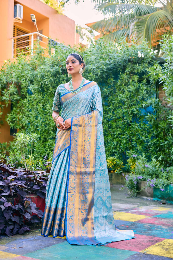 Bright Blue Banarasi Handloom Tissue Silk Saree - PAHRAVA