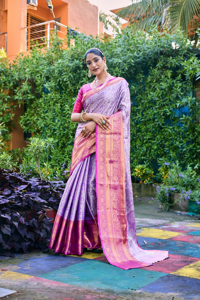 Soft Purple Banarasi Handloom Tissue Silk Saree - PAHRAVA