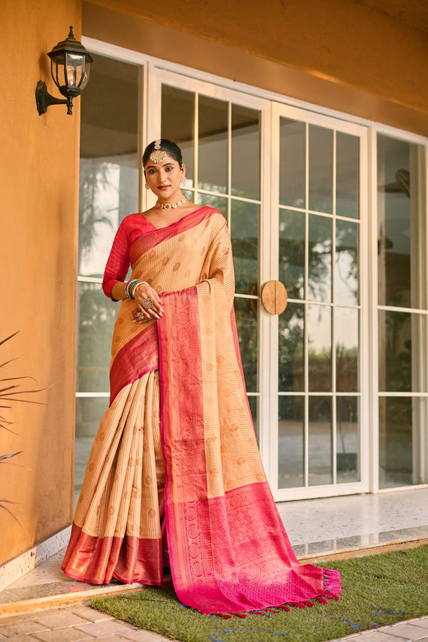 Almond Cream Kanchi Silk Saree - PAHRAVA