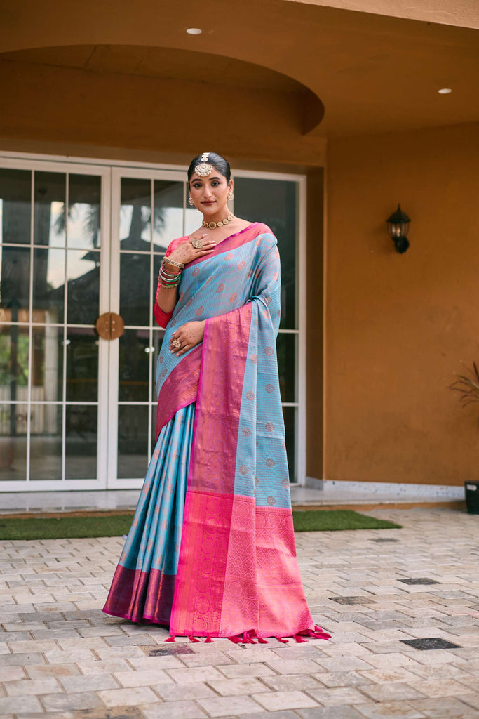 Sky Blue Kanchi Silk Saree - PAHRAVA