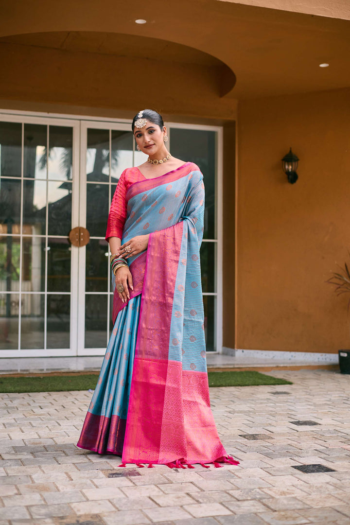 Sky Blue Kanchi Silk Saree - PAHRAVA