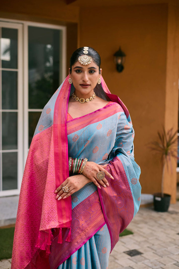 Sky Blue Kanchi Silk Saree - PAHRAVA