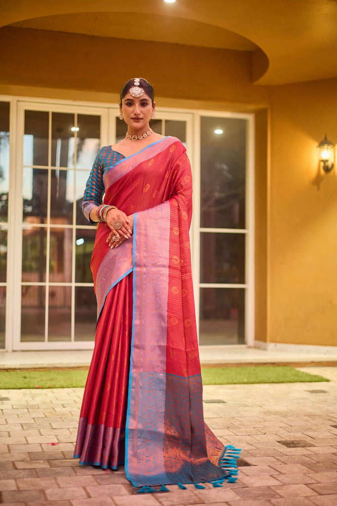 Bright Red Kanchi Silk Saree - PAHRAVA