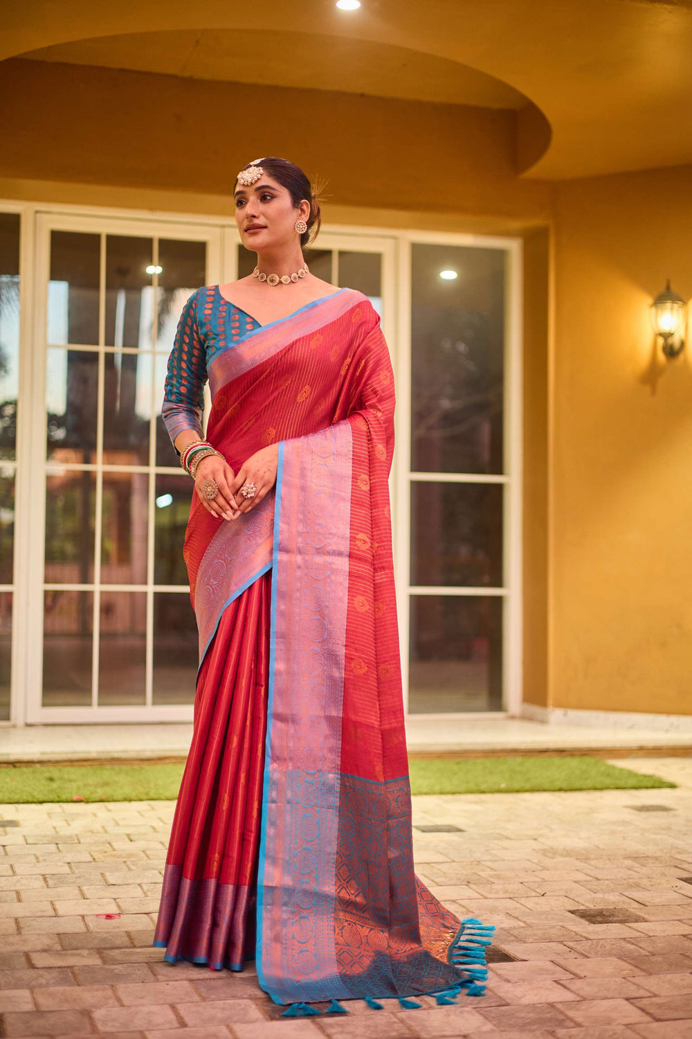 Bright Red Kanchi Silk Saree - PAHRAVA