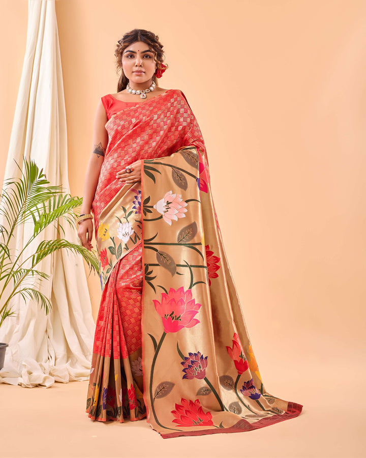 Tan Orange Paithani Silk Saree - PAHRAVA