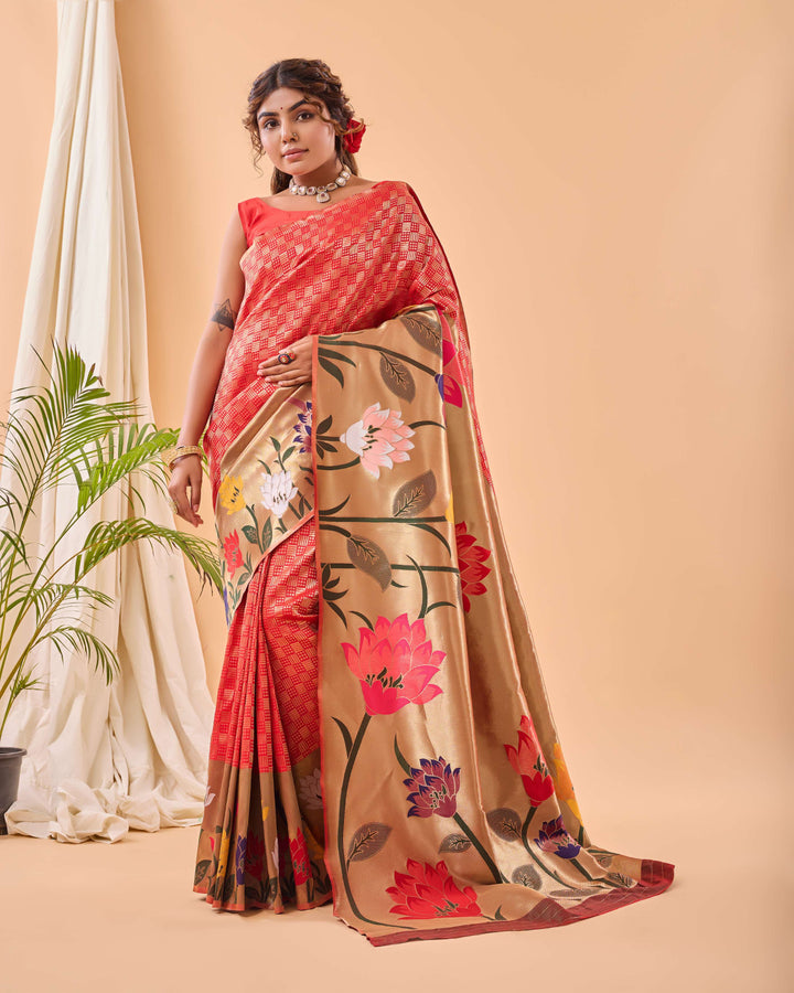 Tan Orange Paithani Silk Saree - PAHRAVA