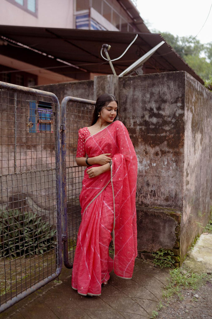 Rose Pink pure Kota saree with tye and dye leheriya.