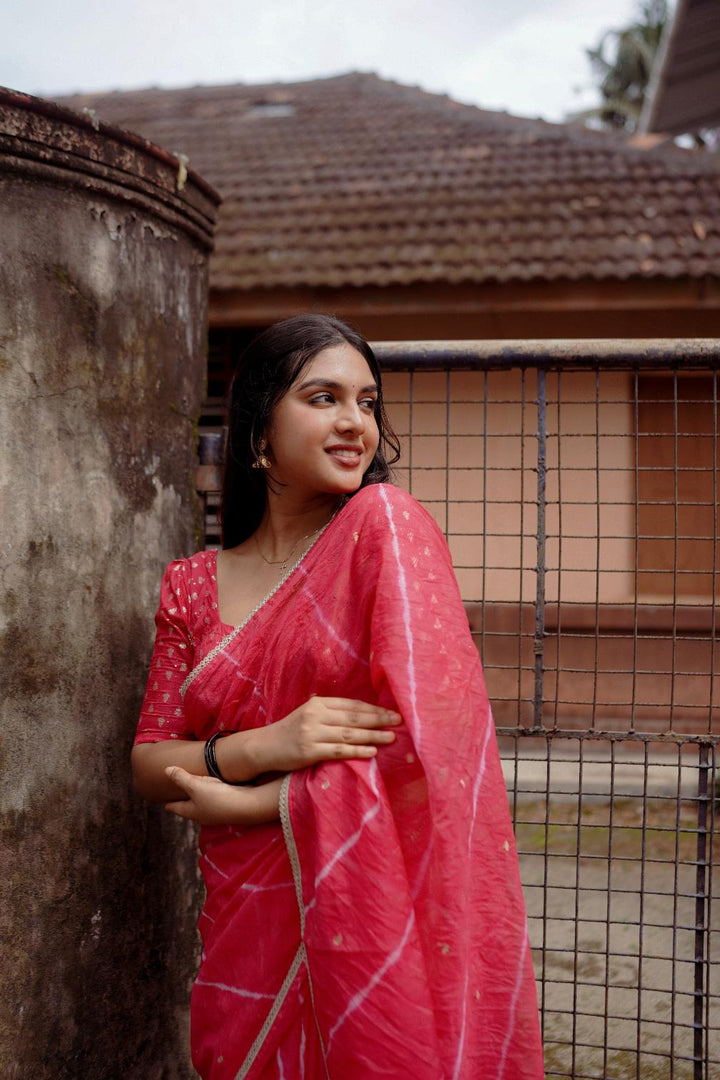 Rose Pink pure Kota saree with tye and dye leheriya.