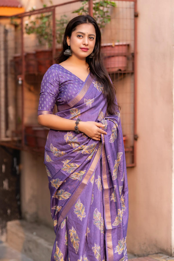 Pale Purple soft crape with Zari Pattu border saree.