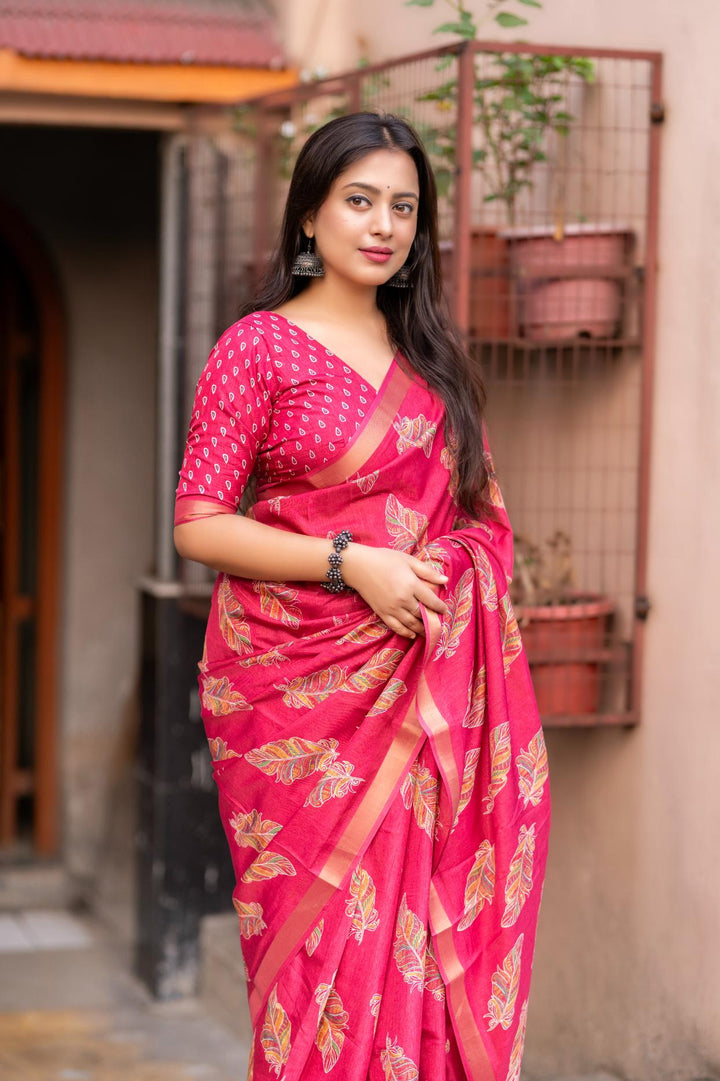 Warm Pink soft crape with Zari Pattu border saree.