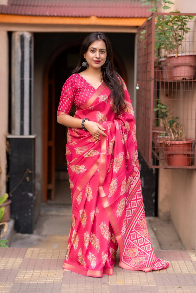 Warm Pink soft crape with Zari Pattu border saree.