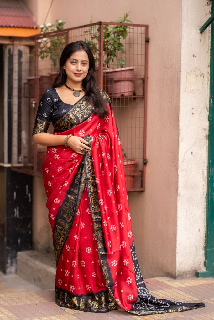 Traditional Red soft crape type self-woven smooth fabric with figure woven design border saree.