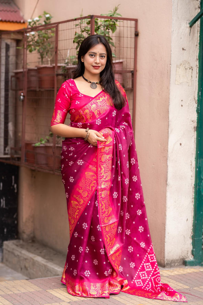 Dark Pink soft crape type self-woven smooth fabric with figure woven design border  saree.