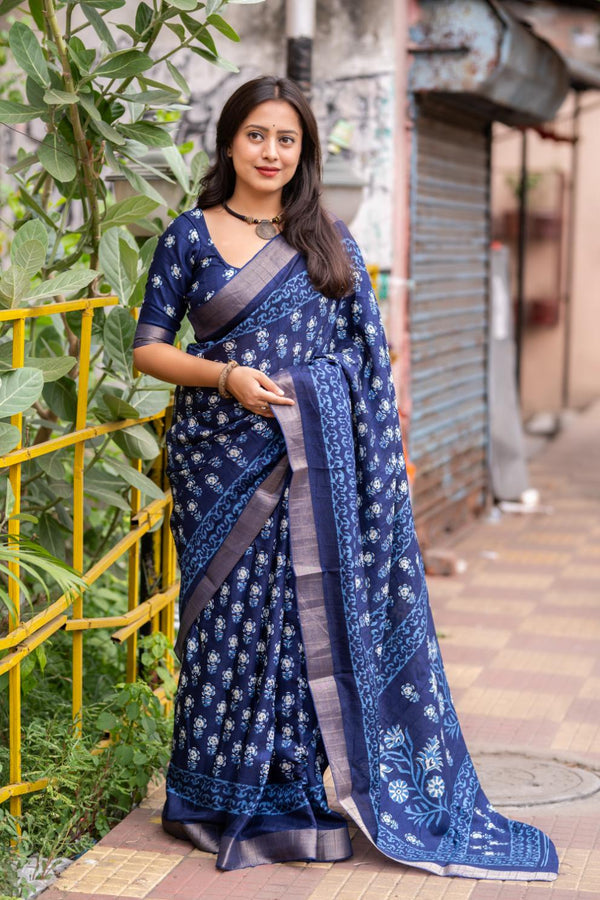 Royal Blue Soft Silk Slub Woven Saree.