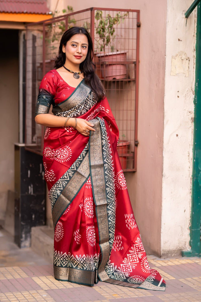 Traditional Red soft cotton cape with Jacq Zari woven border saree.