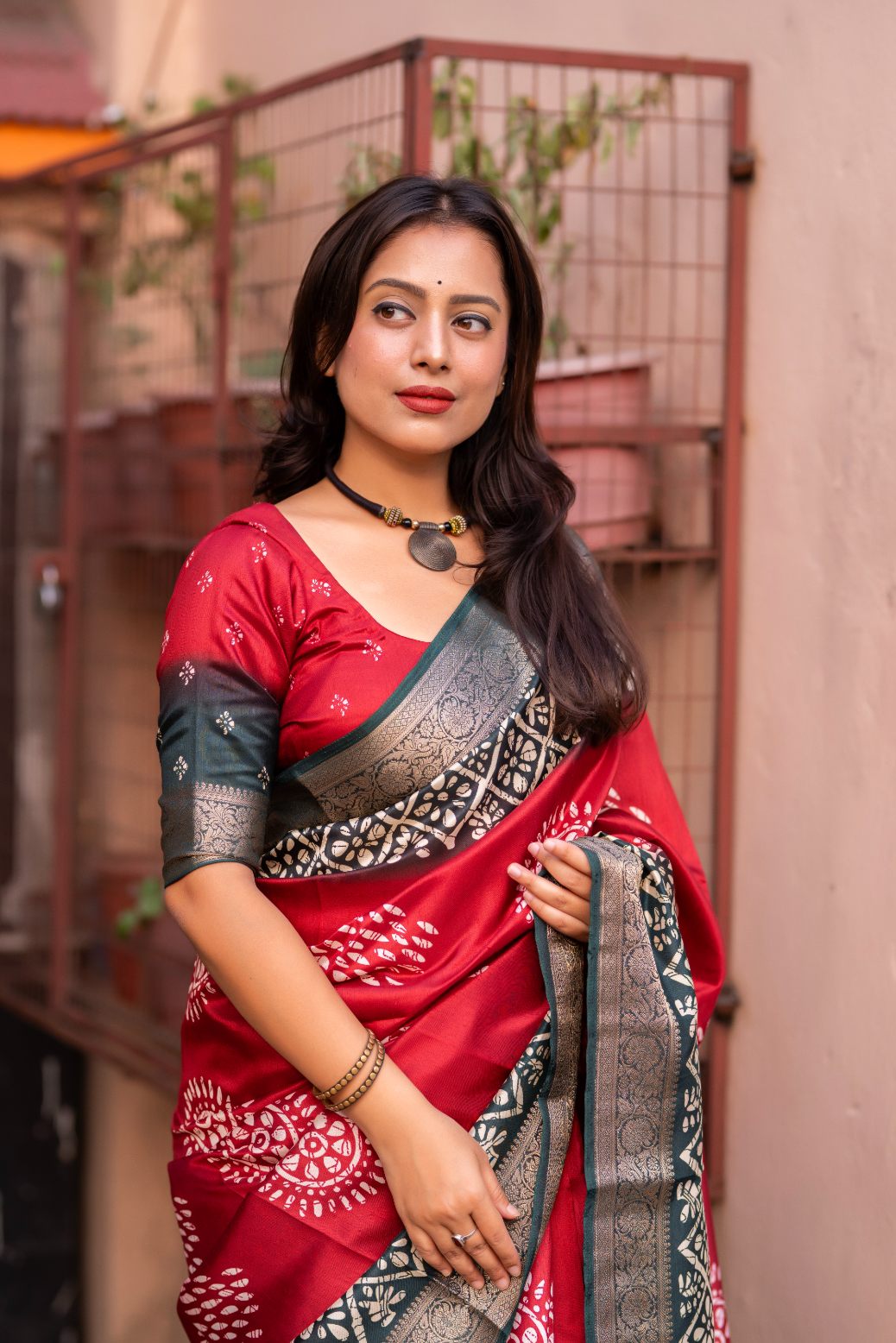 Traditional Red soft cotton cape with Jacq Zari woven border saree.