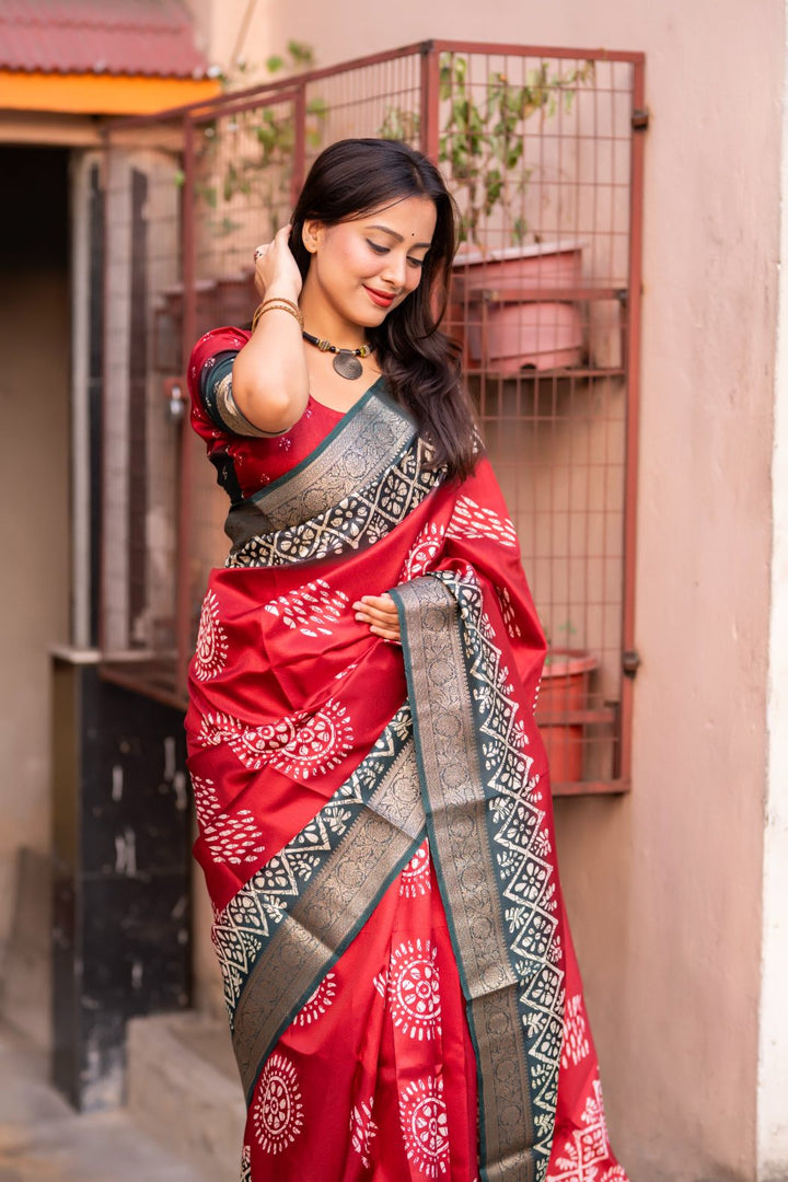 Traditional Red soft cotton cape with Jacq Zari woven border saree.