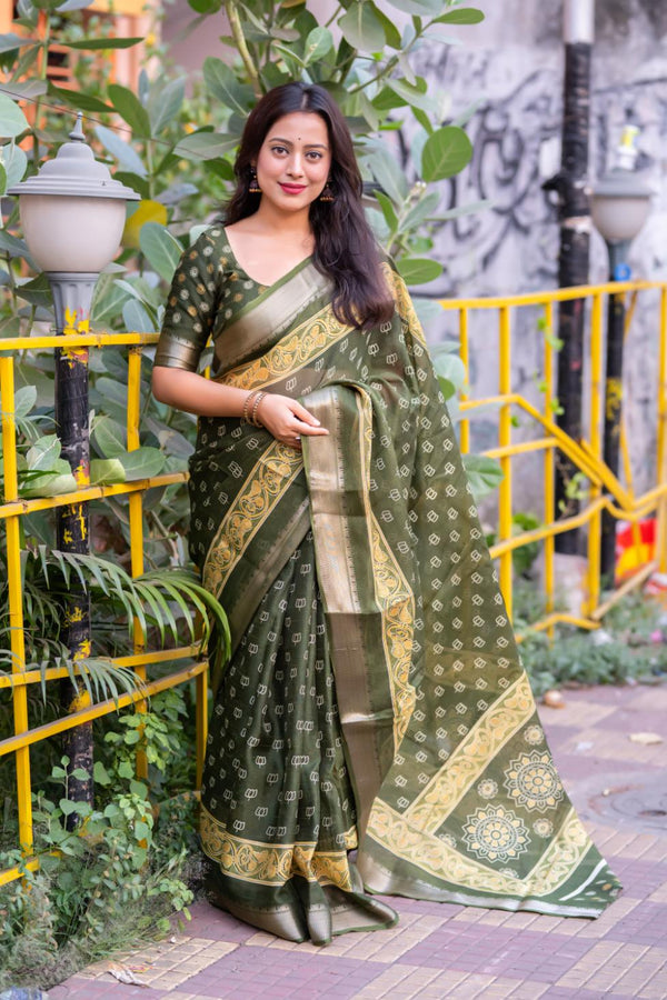 Olive Green Soft Slub Cotton Saree.