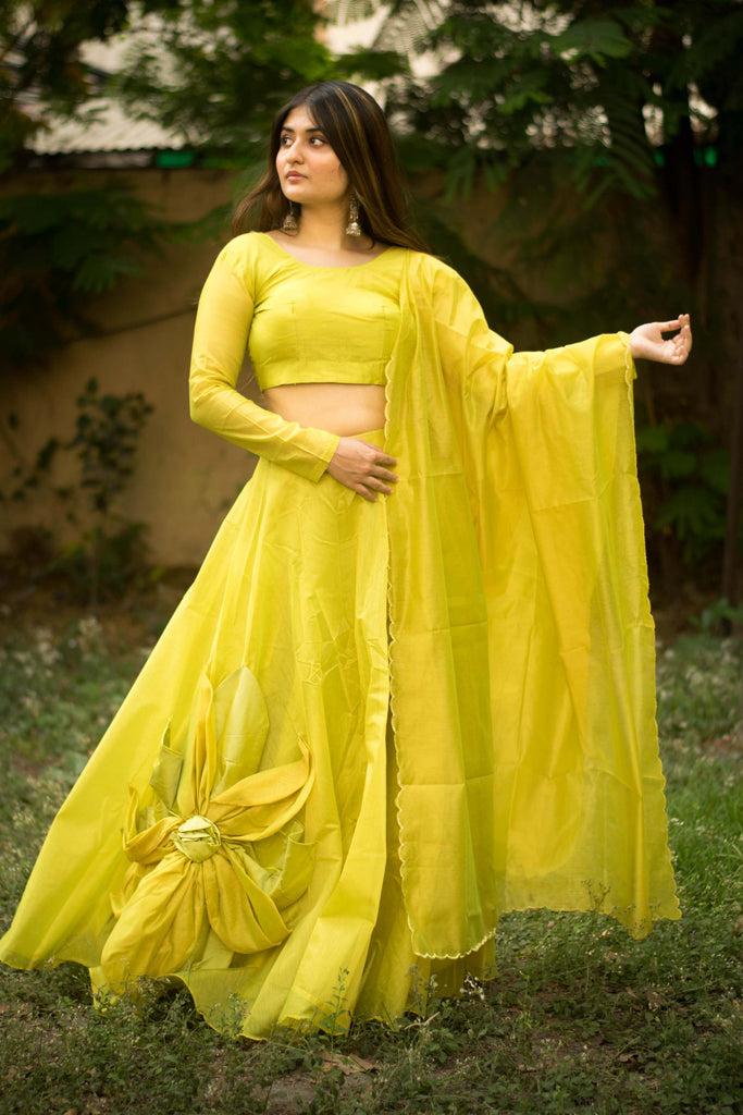 Gold Yellow Rajwadi Chanderi Silk Lehenga Choli - PAHRAVA