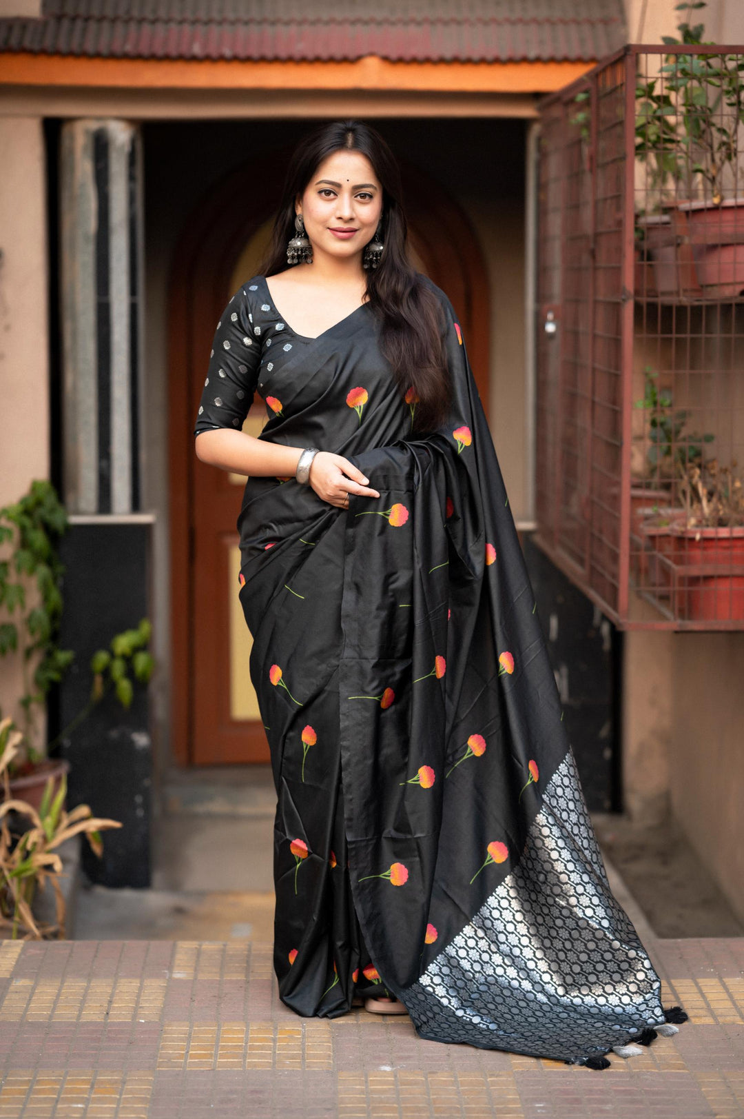 Coal Black Soft Silk Saree With Woven Rose Allover - PAHRAVA