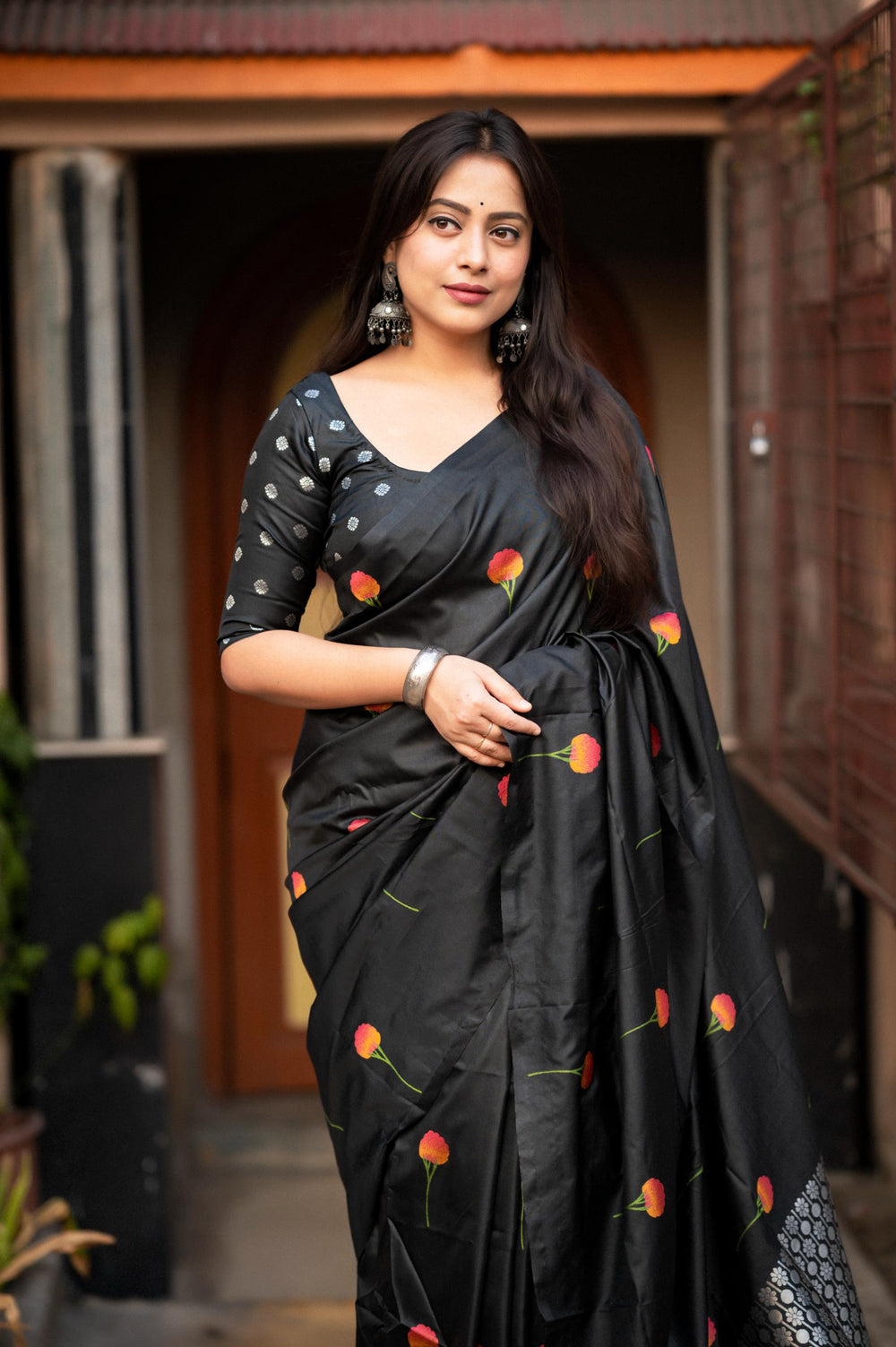 Coal Black Soft Silk Saree With Woven Rose Allover - PAHRAVA