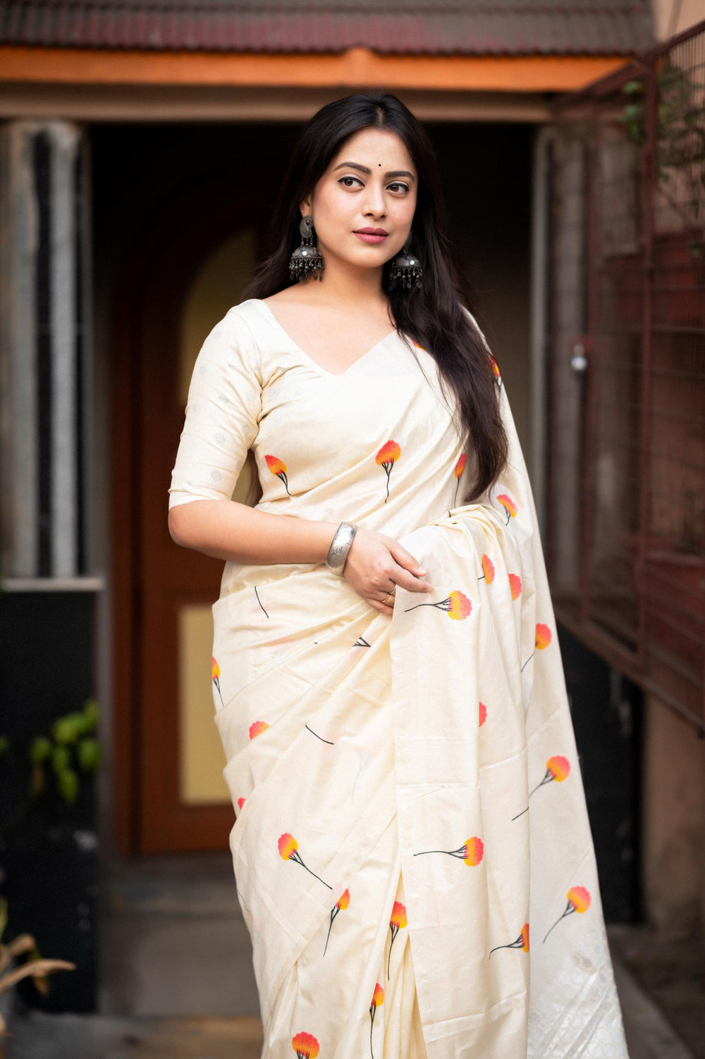 Pearl Cream Soft Silk Saree With Woven Rose Allover - PAHRAVA