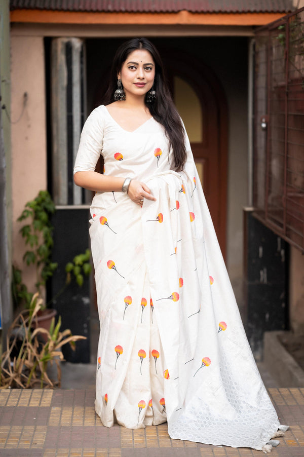 Pure White Soft Silk Saree With Woven Rose Allover - PAHRAVA