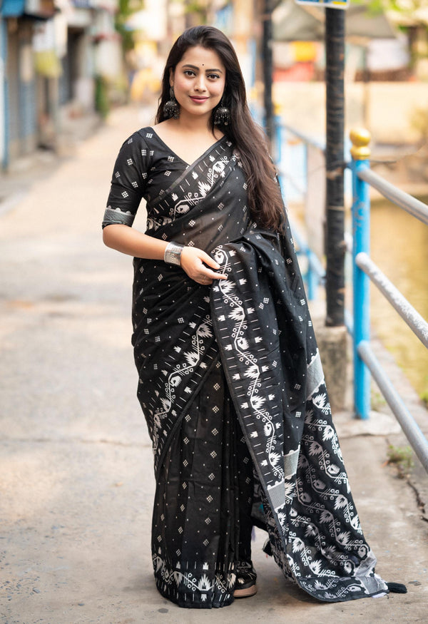 Jet Black Soft Cotton Silk Saree With Ikkat Style Silver Zari Woven Design - PAHRAVA