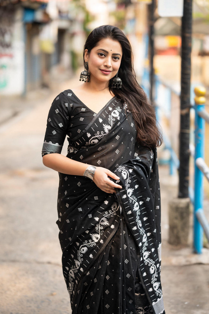 Jet Black Soft Cotton Silk Saree With Ikkat Style Silver Zari Woven Design - PAHRAVA