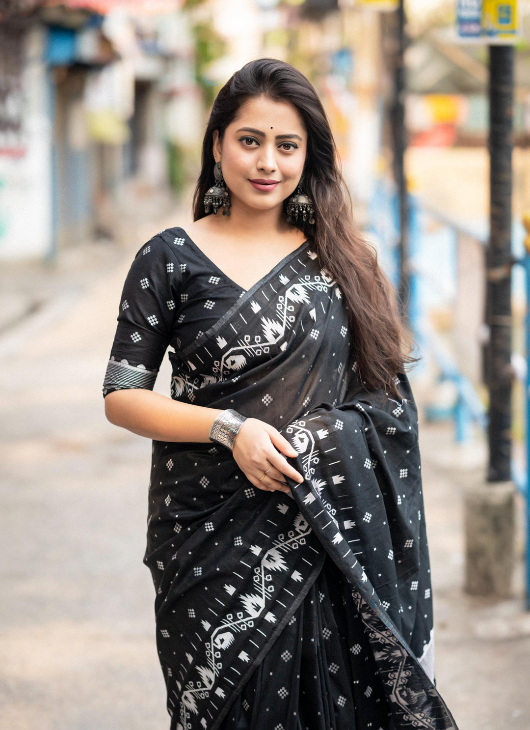 Jet Black Soft Cotton Silk Saree With Ikkat Style Silver Zari Woven Design - PAHRAVA