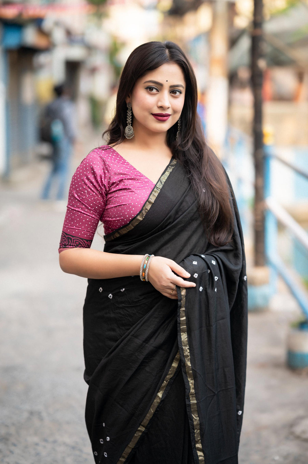 Jet Black Soft Pure Chanderi Cotton Saree With Allover Hand Typed Bhandani Designs - PAHRAVA