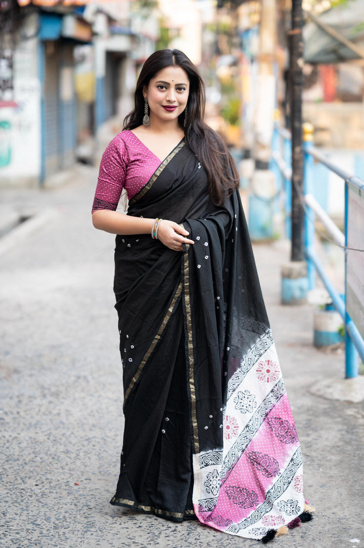 Jet Black Soft Pure Chanderi Cotton Saree With Allover Hand Typed Bhandani Designs - PAHRAVA