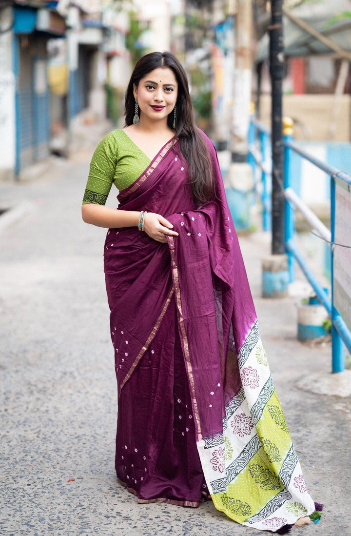 Rebecca Purple Soft Pure Chanderi Cotton Saree With Allover Hand Typed Bhandani Designs - PAHRAVA