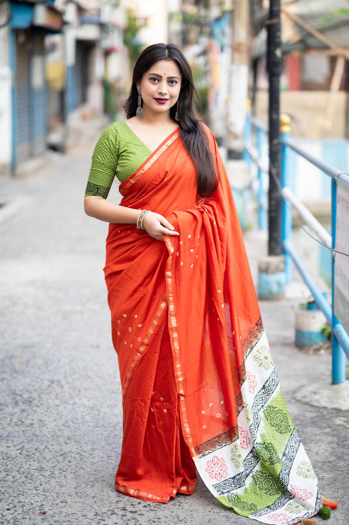 Sunrise Orange Soft Pure Chanderi Cotton Saree With Allover Hand Typed Bhandani Designs - PAHRAVA